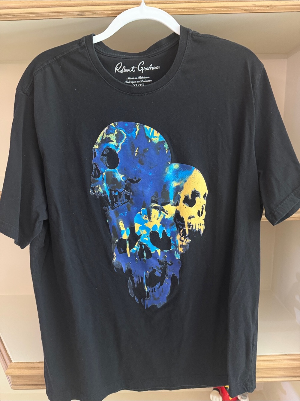 Robert Graham Black Tee with Blue & Yellow Skull Print